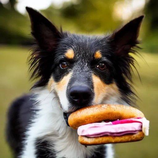 Image similar to photo of cute dog eating bagles from mesh bag, shallow depth of field, cinematic, 8 0 mm, f 1. 8