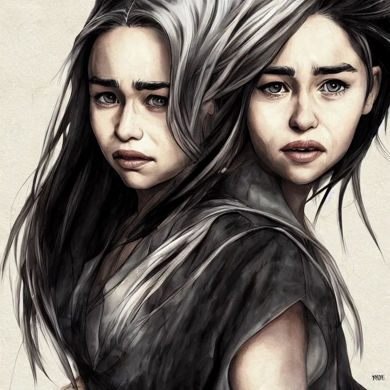 Image similar to Portrait of Emilia Clarke in style of Hotate Yuuki, photorealism, manga