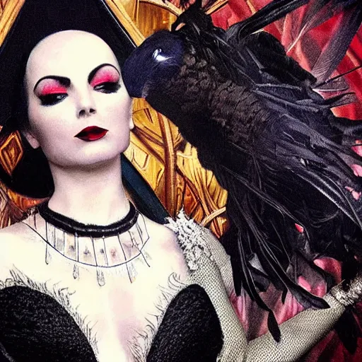 Image similar to dark swan queen, black hair, black feathers instead of hair, gothic, red lips, feathers growing out of skin, black fingers with black claws, bird feet, black bodysuit, disney villain, dark fae, moulting, suspended in zero gravity, on spaceship with cables hanging down, highly detailed, mucha