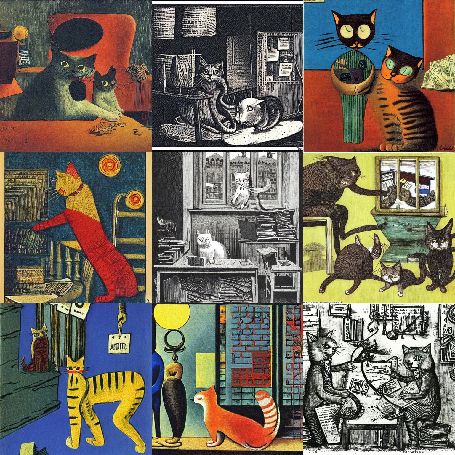 Prompt: the cat was the only reason the accounting department functioned at all, illustration, kid lit, max ernst