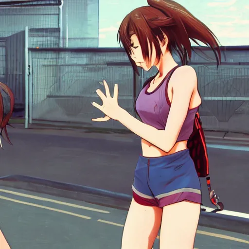 Prompt: anime style, gta 5, girl is running, red sport clothing, marathon race, brown short hair, hair down, symmetrical facial features, from arknights, hyper realistic, rule of thirds, extreme detail, detailed 4 k drawing, safebooru, realistic lighting, by alphonse mucha, greg rutkowski, noise filtered, sharp focus, backlit