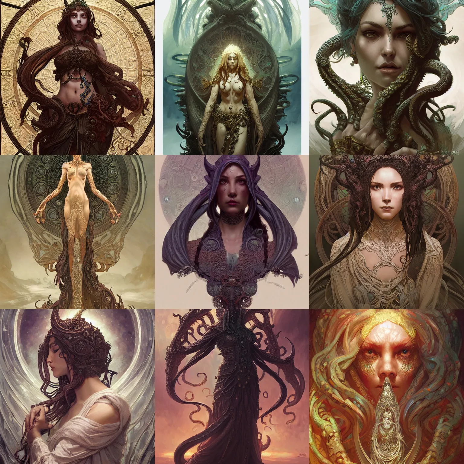 Image similar to a ancient cthulhu goddess, D&D, fantasy, intricate, highly detailed,, artstation, concept art, smooth, sharp focus, art by artgerm and greg rutkowski and alphonse mucha