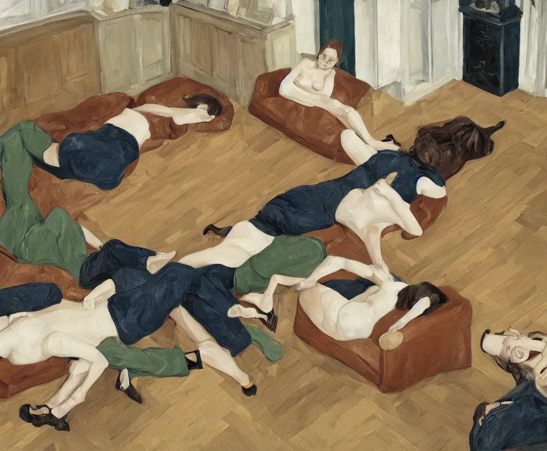 Image similar to portrait of two women lying horizontal, in an empty old english apartment with wooden floor on a brown leather sofa. one is wearing a dark blue sweather, the other a white shirt. brown hair, they are looking into the camera. wide shot. in the style of lucien freud. oil painting. green mood. isometric perspective