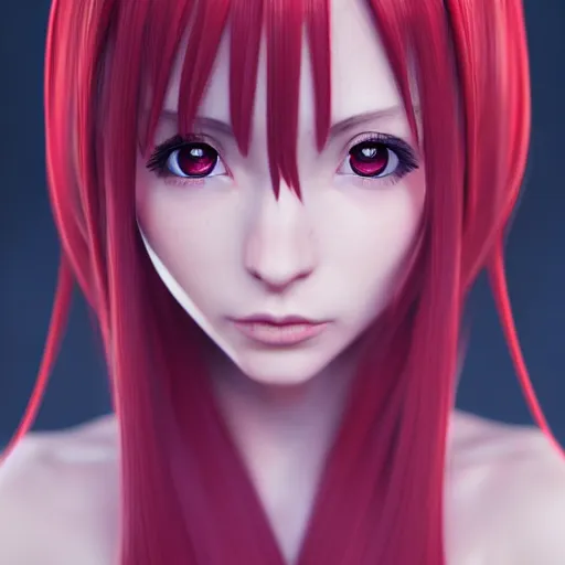 Prompt: portrait of a anime girl in long red hair, beautiful face, atmospheric lighting, 4 k, vray render, trending on artstation