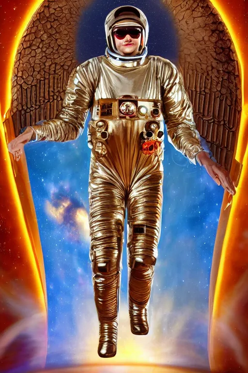 Prompt: biblical angel wearing a spacesuit in front of their spaceship, second coming, centered, portrait by Greg Hildebrandt, studio lighting, muted colors, by Terry Richardson, by Leonardo DaVinci, by Stanley Kubrick, ultrarelistic, extreme detail, caustics, trending on Artstation, 8K, octane renderer, rtx on