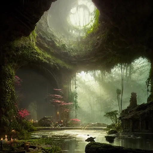 Image similar to bathhouse hidden in a cave, natural light, lush plants and flowers, elegant, intricate, fantasy, atmospheric lighting, by Greg rutkowski