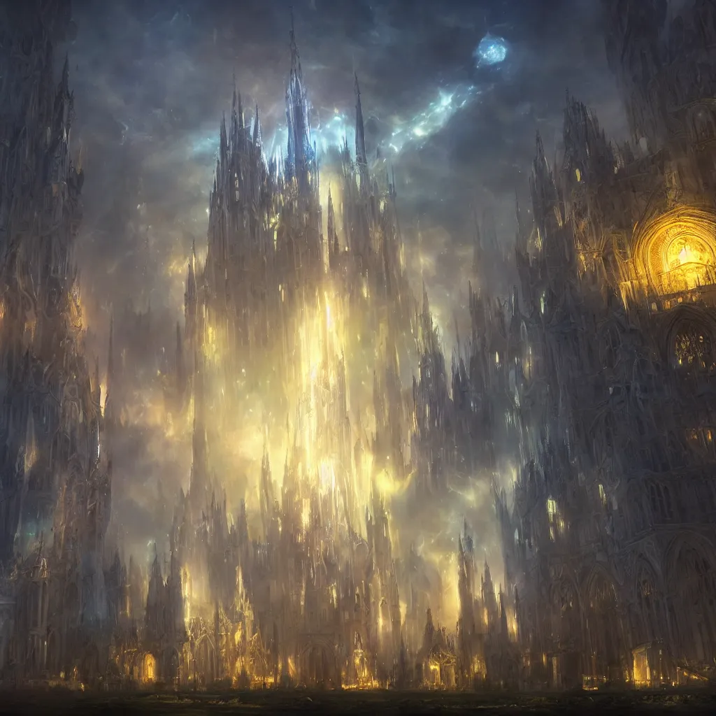 Image similar to huge towering magical university, extreme drama, distant glowing figures, hdr, movie still, fully photorealistic, artstation, beautiful concept art, sharp luminescent focus, nd 6, sony fx 6, glowing luminescent invocations