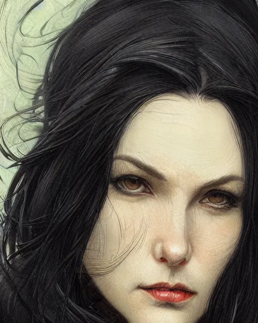 Image similar to portrait of a tall 4 0 - year - old woman with thin lips, long, lush black hair, and thick eyebrows, wearing in black clothes, hyper realistic face, beautiful eyes, close up, fantasy art, in the style of greg rutkowski, intricate, alphonse mucha, hyper detailed, smooth