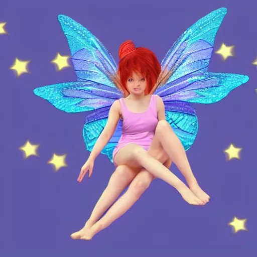 Image similar to a fairy wearing slippers in the shape of a star, realistic digital art