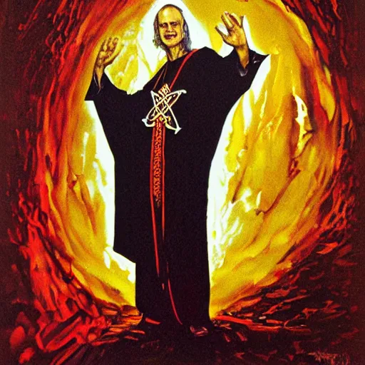 Prompt: portrait of richard dawkins as satanic high priest, by basil gogos