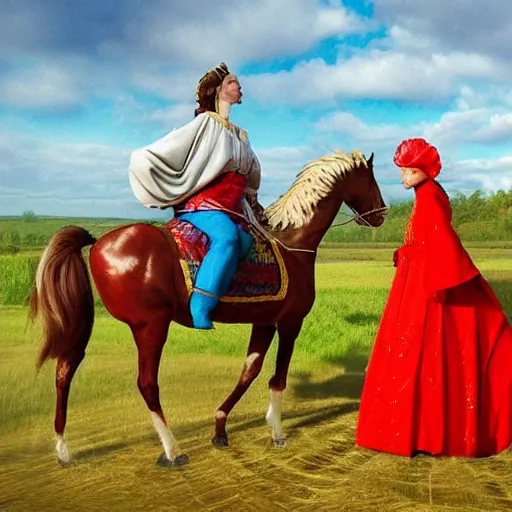 Image similar to The digital art shows the heroine riding on a magnificent red horse. She is clad in a traditional Russian folk costume, complete with a brightly-colored headscarf. Her face is pale and beautiful, with a look of resolve in her eyes. Behind her, the horse's hooves churn up the earth as they gallop across the countryside. In the distance, the dark forest looms, its trees reaching up into the sky. raypunk by Tim Walker sad