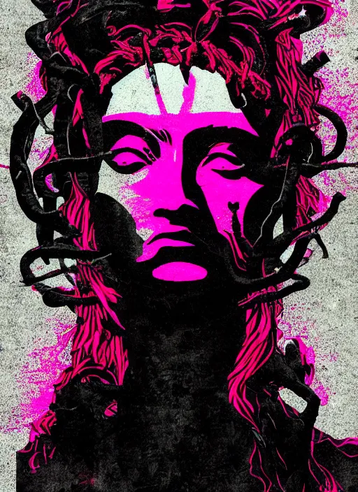 Prompt: dark design poster showing a statue of medusa, black background with very subtle red and purple design elements, powerful, nekro, vito acconci, thin straight lines, dark, glitch art, neo vaporwave, gritty, layout frame, square, trending on artstation