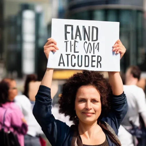 Prompt: A woman holding a sign that says