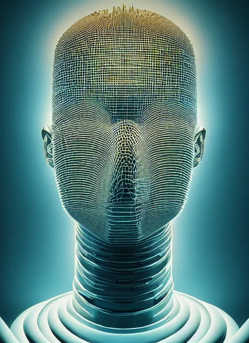 Image similar to highly detailed surreal vfx portrait of a 3 d human head made of stacks of speakers. polyphonic pulse projections, liquid light, metallic, galactic, crystalline edges, elegant, centered hyperrealistic, octane render, inspired by james jean, okuda sam miguel, android jones, beeple, rhads nvidia raytracing demo, 8 k