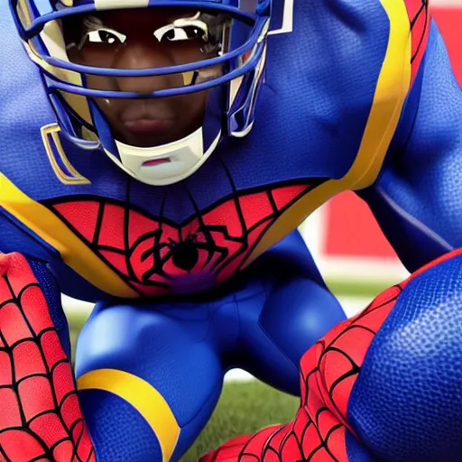 Prompt: a closeup photorealistic photograph of a spider man themed la rams football player. professional capture. bright scene. this 4 k hd image is trending on artstation, featured on behance, well - rendered, extra crisp, features intricate detail, epic composition and the style of unreal engine.