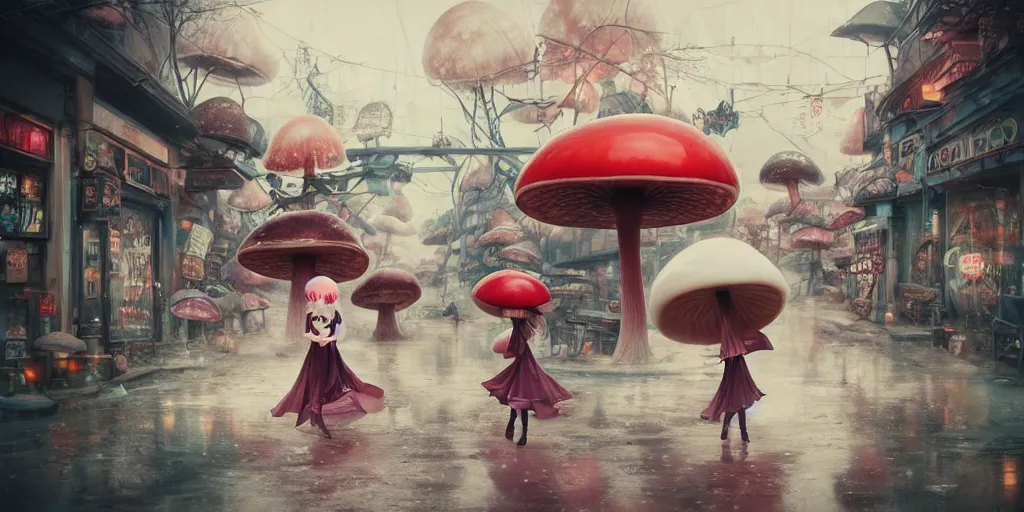 Image similar to a lively and whimsical dark fungal pawn shop, white haired skesis girls, cinematic framing, wide angle, rain lit, kawaii shop grows out from the stalk of a giant mushroom, cgsociety, siggraph, dystopian scifi, set design, oleg oprisco, conrad roset, anka zhuravleva, gediminas pranckevicius, cornell, kawasaki