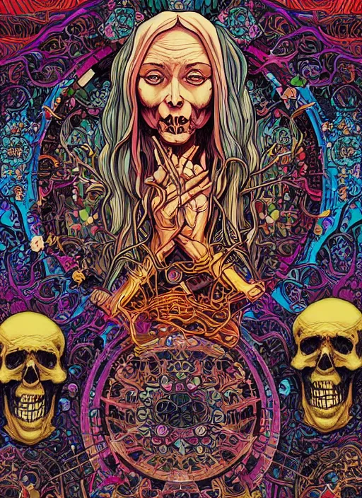 Prompt: the oracle of ancient wisdom surrounded by floral skulls, italian futurism, da vinci, dan mumford, josan gonzalez