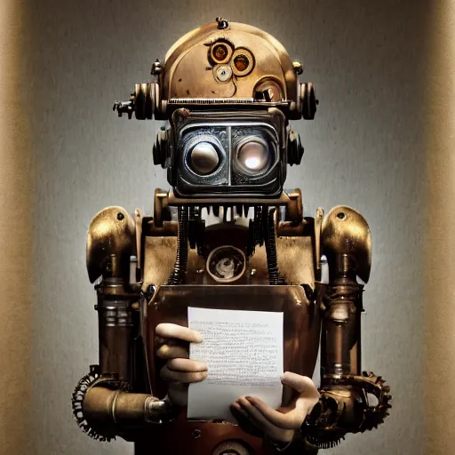 Prompt: a beautiful intricate fine art portrait photo of a happy mechanical industrial steampunk robot reading a letter of admission held in hands, by anna dittman and zach sutton, eyes glowing, happiness!, perfection!, studio lighting, golden ratio composition, 50mm lens, bionic, cybernetic scifi, deep depth of field, artstation, 8K