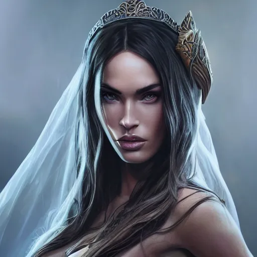 Image similar to an attractive young female with metal rings on her skin wearing an thorne crown, megan fox, olive skin, long dark hair, beautiful bone structure, intricate, elegant, highly detailed, digital painting, artstation, concept art, smooth, sharp focus, illustration, art by artgerm and greg rutkowski and alphonse mucha