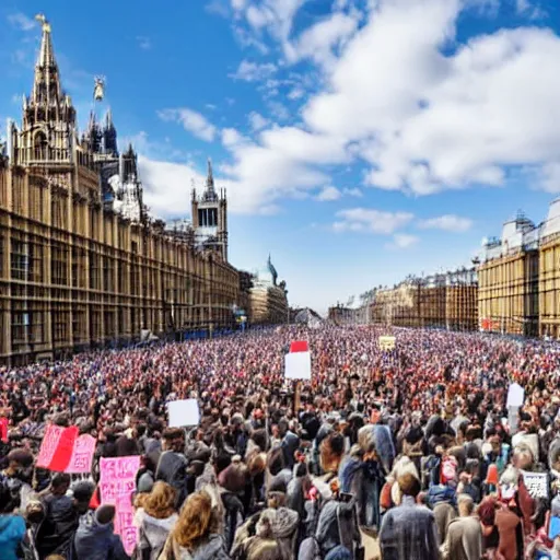 Image similar to a picture of westminster with a gigantic crowd of protestors on the street, the sky is blue and everyone is holding russian signs wide shot hyperrealistic photography 7 0 mm