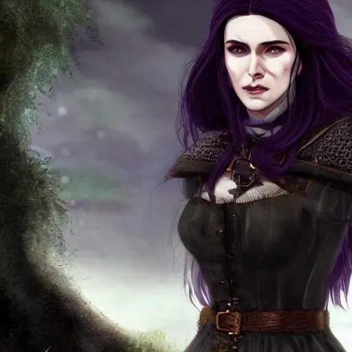 Image similar to yennefer from the netflix witcher as a medieval fantasy tolkien elf, dark purplish hair tucked behind ears, wearing a fur lined collar, wide face, muscular build, scar across the nose, cinematic, character art, 8 k detailed.