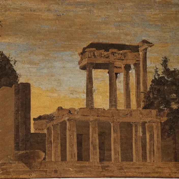 Image similar to a building in a serene landscape, ancient greek painting