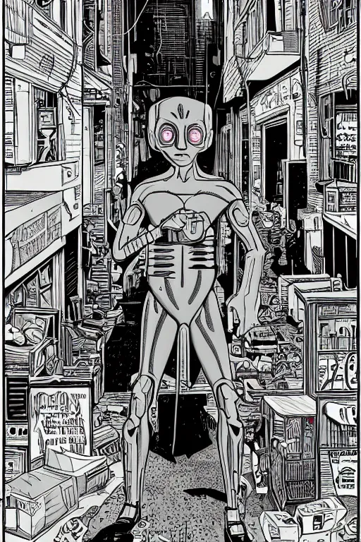 Prompt: a cyborg!! sphynx cat!!, in a cyberpunk alleyway by daniel clowes