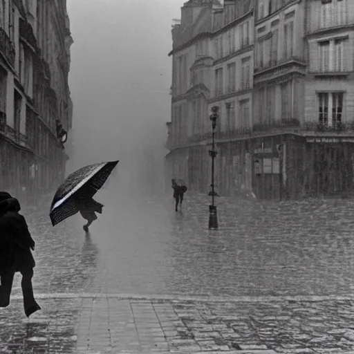 Image similar to the man leaping with an umbrella in a raining paris street, by henri cartier bresson,