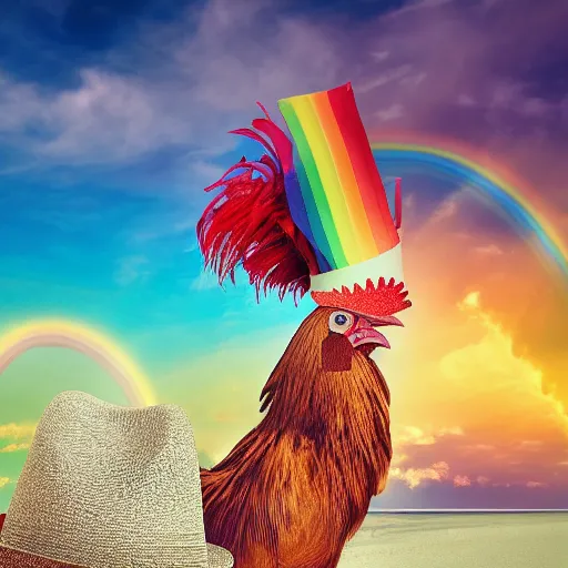 Prompt: A rooster wearing a fedora, standing on a unicorn at the beach, with rainbow in the sky.