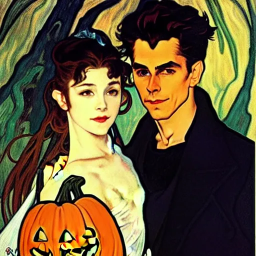 Image similar to painting of handsome young beautiful jeff and gorgeous rina together at the jack o'lantern halloween party, elegant, clear, painting, stylized, art, art by alphonse mucha, vincent van gogh, egon schiele,