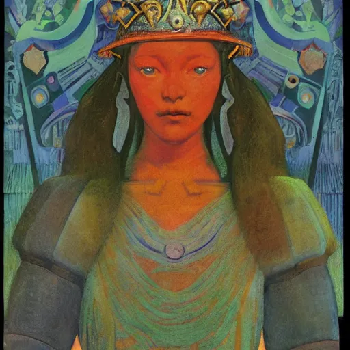 Image similar to the little robot queen in her regalia, by annie swynnerton and diego rivera and nicholas roerich, symbolist, dramatic lighting, elaborate geometric ornament, smooth, sharp focus, extremely detailed, leo and diane dillon, adolf wolfli, soft pastel colors