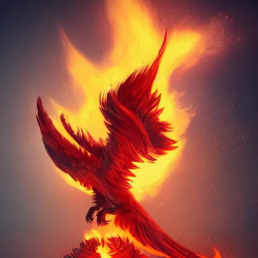 Image similar to phenix rising from its ashes, artstation, dark background.