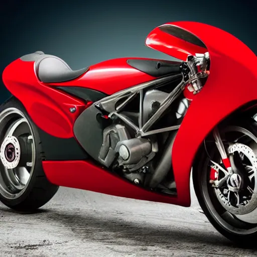 Prompt: a fantasy red glossy modern motorbike with jet engine, photostock, istock