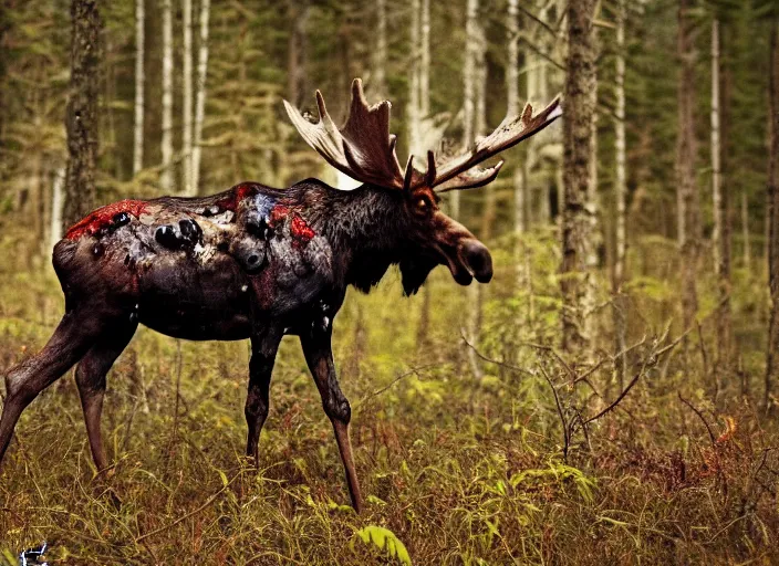 Prompt: an award winning photo of an! undead!!! zombie!! moose with red eyes, full body portrait, decaying!, moldy, evening!! in the forest, 4 k, wildlife photography, high quality, national geographic