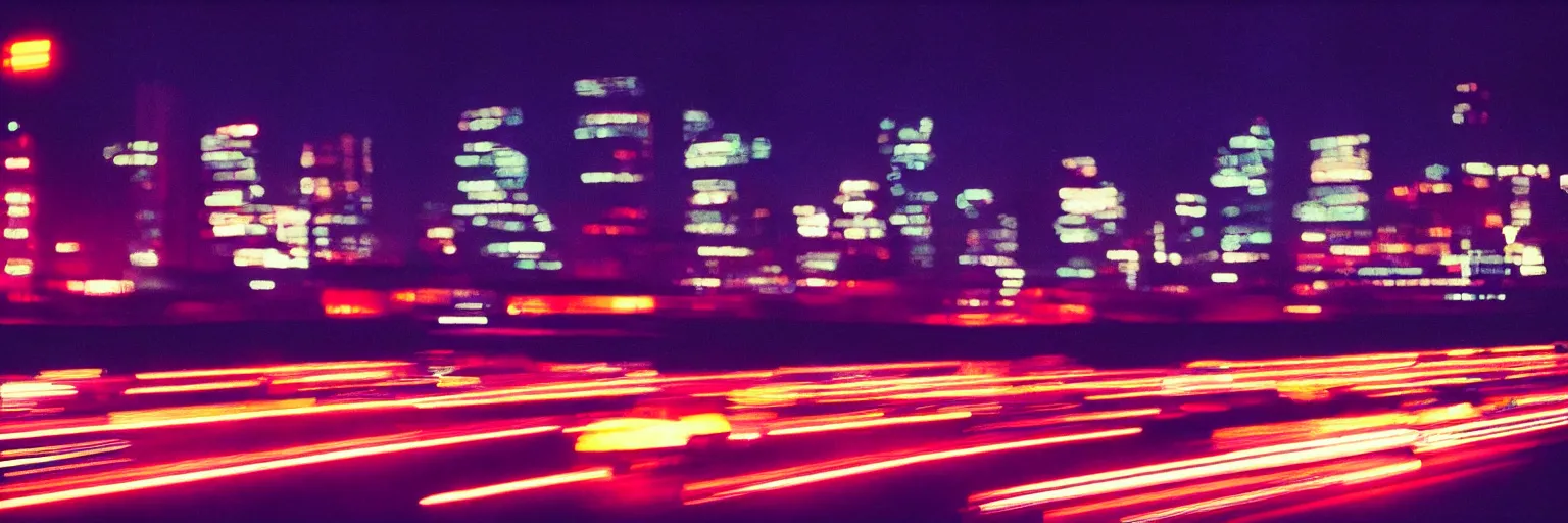 Image similar to 8 0 s neon movie still, high speed traffic by the river with city in background, slow shutter speed, medium format color photography, movie directed by kar wai wong, hyperrealistic, photorealistic, high definition, highly detailed, tehnicolor, anamorphic lens