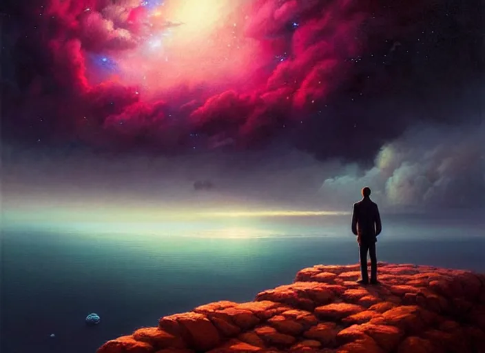 Prompt: dark silhuette of a man standing on a gray dull cliff looking out into a colorful vibrant cosmos, clouds, stars, rings, nebula, beautiful lighting, magic, fantasy, vivid colors, intricate, elegant, cgsociety, artstation trending, oil painting by greg rutkowski, by artgerm, by wlop