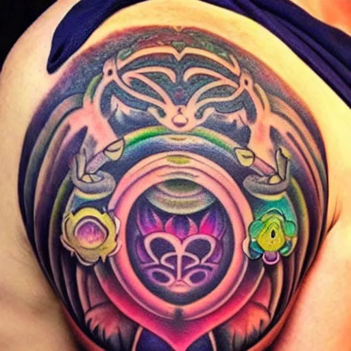 Prompt: shoulder tattoo of a meditating cute bush baby, eyes are sparkeling rainbow spirals, glowing multicolored chakra symbols, surrounded with colorful lotus leaves, insanely integrate