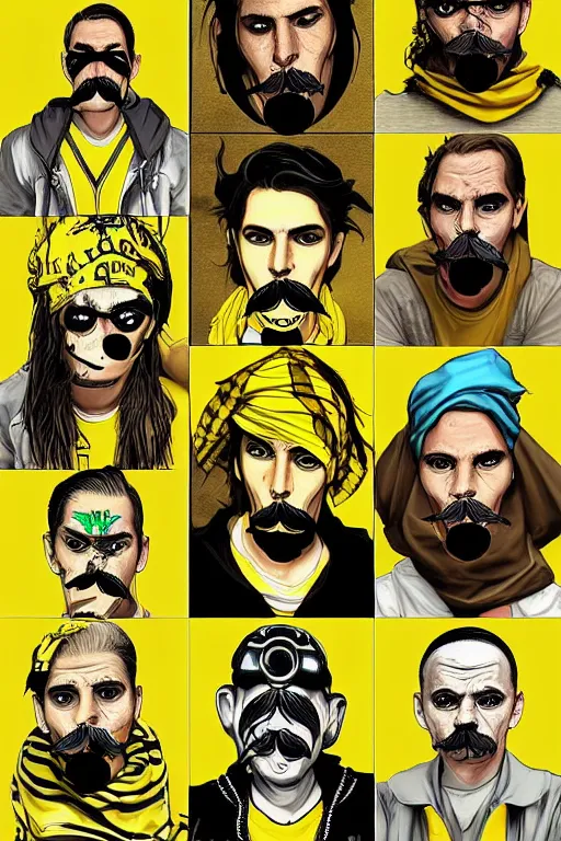 Image similar to saints street gang wear yellow bandanas, and some of them have thick mustache, digital art, artgrem, banksy, illustration, concept art, pop art style, dynamic comparison, fantasy, bioshock art style, gta chinatowon art style, hyper realistic, face and body features, without duplication noise, hyperdetails, differentiation, sharp focus, intricate