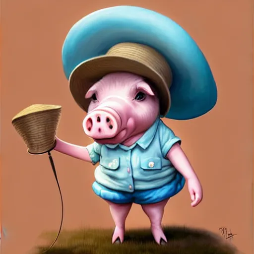 Image similar to cute little anthropomorphic funny female pig wearing shorts, a sunhat, boots and a pale blue shirt!! tiny!! fully clothed!!! small, short, cute and adorable, character art portrait, matte fantasy painting, deviantart artstation, by jason felix by steve argyle by tyler jacobson by peter mohrbacher, cinema