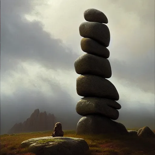 Image similar to giant stone man by grzegorz rutkowski, atmospheric haze, stormy, tundra, hudson river school, princess in foreground, large scale