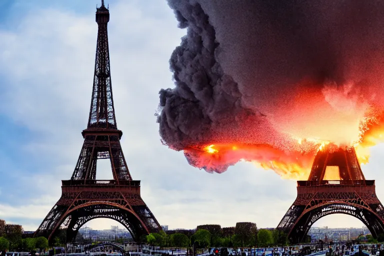 Prompt: the eiffel tower blowing up, cinematic photograph, explosion, epic photograph, amazing lighting, destruction, stunning,