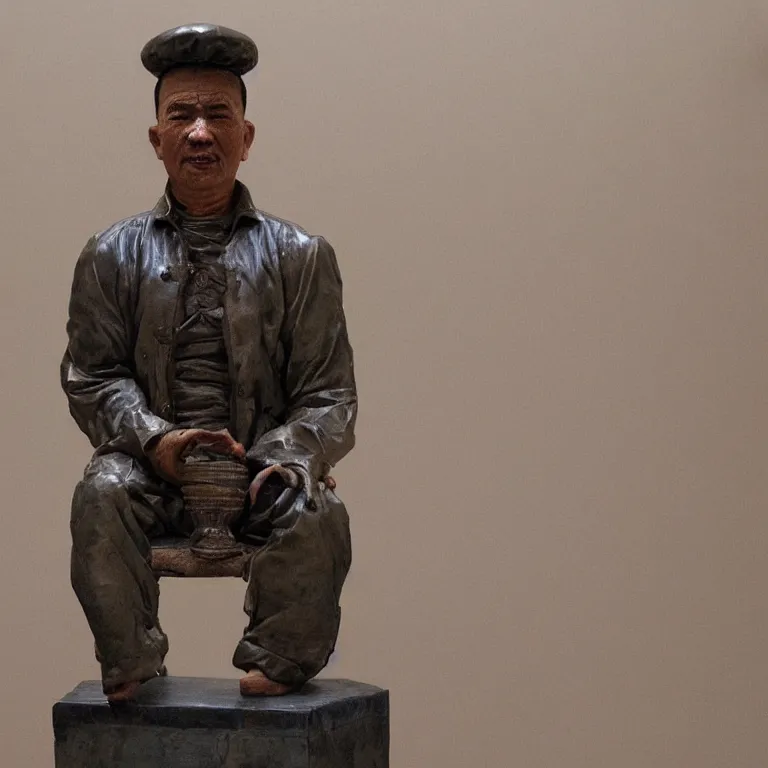Prompt: hyperrealistic sculpture of a bronze uyghur prisoner in a cage made of low poly acrylic on a pedestal by ron mueck and duane hanson and lee bontecou, hyperrealistic dramatic colored lighting trending on artstation 8 k