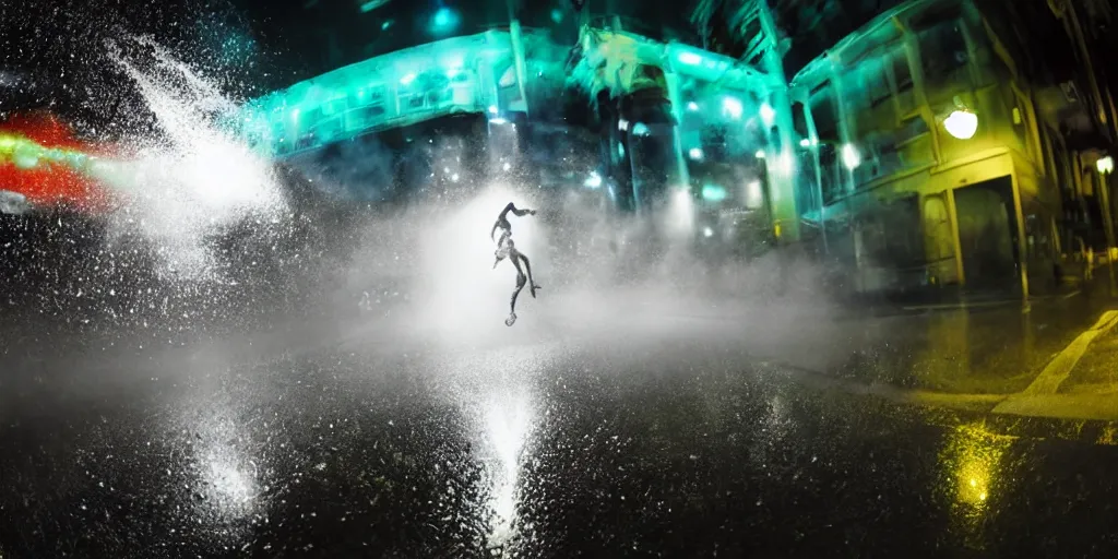 Prompt: fisheye lens slow motion with trail effect of futuristic break dancer wearing floating long dress with neon lights, long exposure shot , at night in the middle of a rainy street, paddle of water, steam, fog, water splashes, rim lights, glossy reflections, water droplets on lens, octane render, dark and dramatic, explosions in the background, detailed and soft, fisheye lens, smooth, sharp focus, illustration, art by artgerm and greg rutkowski and Makoto shinkai