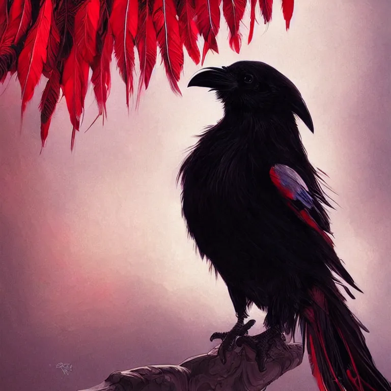 Image similar to beautiful black raven bird with long red feather highlights, cute, intricate, highly detailed, digital painting, trending on artstation, concept art, smooth, sharp focus, backlit, rim light, vivid colors, illustration, unreal engine 5, 8 k, art by rossdraws and alphonse mucha