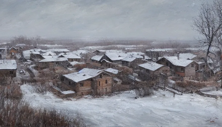 Prompt: an extremely detailed painting by cedric peyravernay of a large array of houses in a contested territory between the soviet union and america, snowy landscape, authoritarian vibes, extremely detailed, 4 k