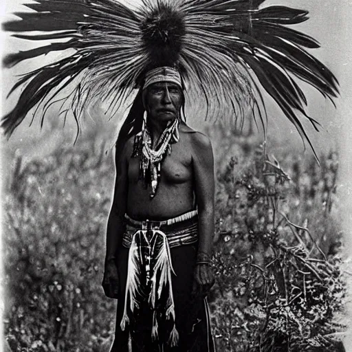 Prompt: vintage photo of a native american shaman by edward s curtis, photo journalism, photography, cinematic, national geographic photoshoot vignette