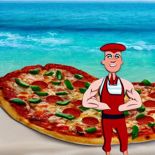 Prompt: muscular pizza man, beach background