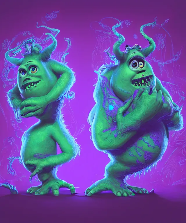 Image similar to a two headed xanathar made of bioluminescence in the art style of monsters inc, fantasy, elegant, crisp 8 k line art, digital painting, artstation, unreal engine, octane render, emissive lighting, concept art, matte, sharp focus, hyper realistic lighting, illustration, deep royal blue and pink color scheme, art by carne griffiths