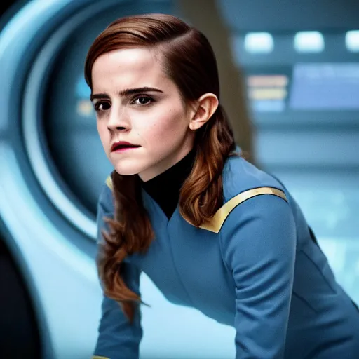 Image similar to Emma Watson in Star Trek, XF IQ4, f/1.4, ISO 200, 1/160s, 8K, Sense of Depth, RAW, Dolby Vision, symmetrical balance, in-frame