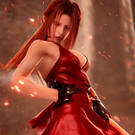 Prompt: epic scene of very attractive final fantasy vii female character, detail face, lovely eyes and detailed lips, with amazing detail red dress, feet in high heels, side view ) ( fighting ) hyper realistic 3 d render, art station, particles, epic scene, mucha, clouds, seductive jump pose, blur focus, action,